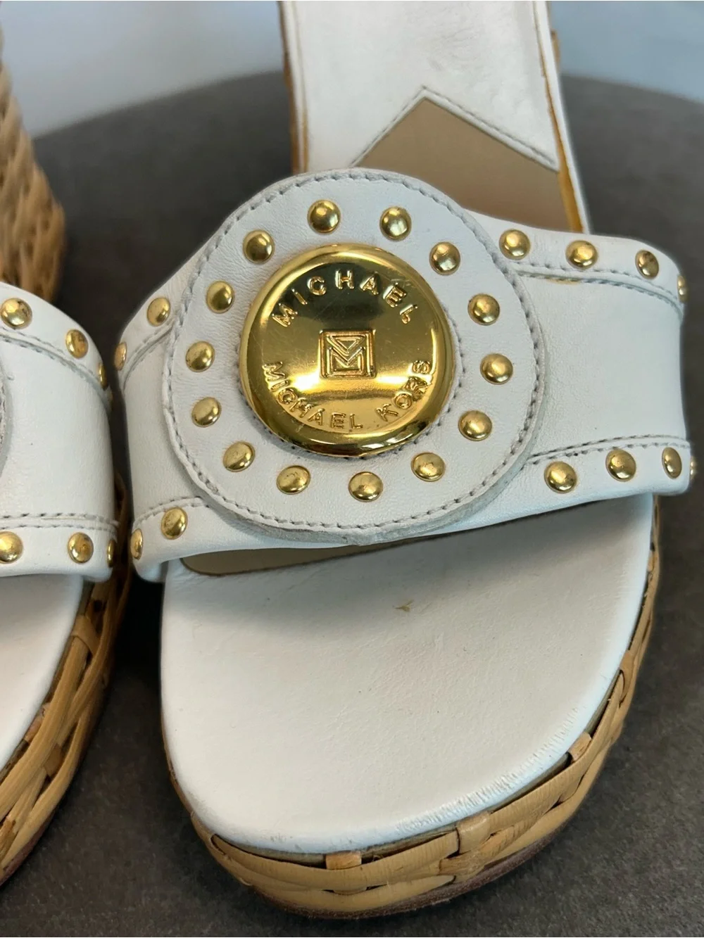 Michael Kors White Leather Studded Woven Wedge Slide Sandals Gold Logo 6.5